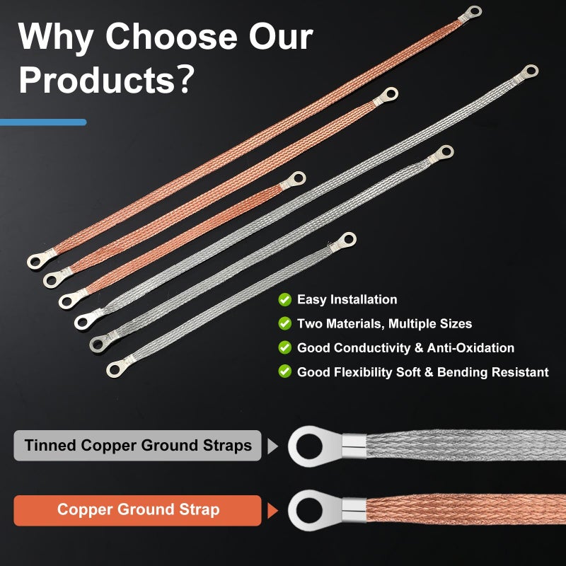 Yaocom 12 قطعة من الأشرطة الأرضية العالمية للسيارات من Yaocom، طقم حزام أرضي للمحرك 10/15/20 بوصة مع أطراف حلقية، أشرطة كابل تأريض للمحرك النحاسي المضفر لمعظم السيارات - Image 3